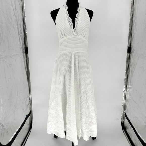 Eliza J Dresses & Skirts - Eliza J White Halter Eyelet Lace Pintuck A Line Maxi Skirt Cotton Dress Women 12